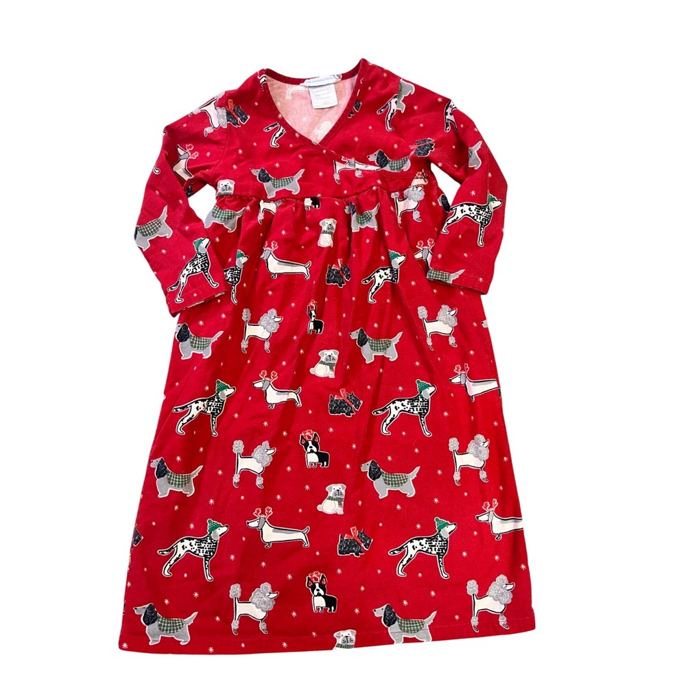 The Company Store Girls Dog Print Pajama Nightgown Flannel Size‎ 7/8 Red Cotton